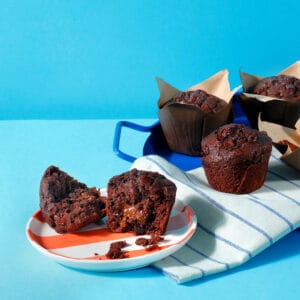 Two of our Chocolate Muffins, supplied wholesale to coffee shops and cafes, on a plate.