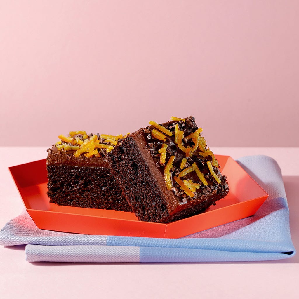 Two slices  of our delicious vegan chocolate joy traycake 