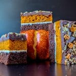 Innovative chocolate, pumpkin and praline traycake, and slices with bold flavours and colours, showing how a good cake supplier keeps a coffee shop range fresh with new ideas.